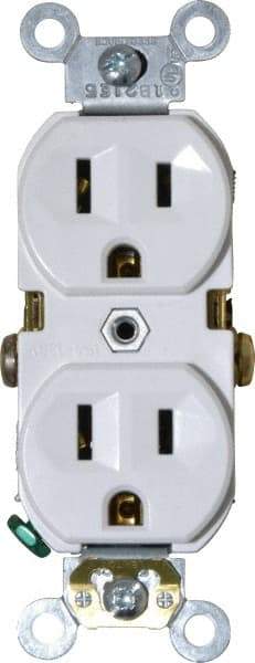 Leviton - 125 VAC, 15 Amp, 5-15R NEMA Configuration, White, Specification Grade, Self Grounding Duplex Receptacle - 1 Phase, 2 Poles, 3 Wire, Flush Mount, Tamper Resistant - Americas Industrial Supply