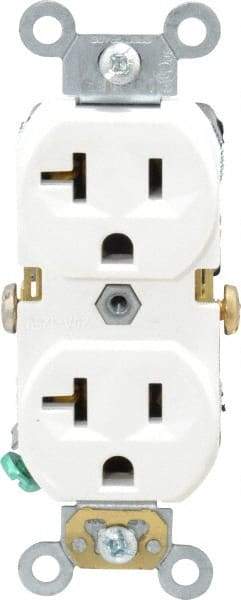 Leviton - 125 VAC, 20 Amp, 5-20R NEMA Configuration, White, Specification Grade, Self Grounding Duplex Receptacle - 1 Phase, 2 Poles, 3 Wire, Flush Mount, Tamper Resistant - Americas Industrial Supply