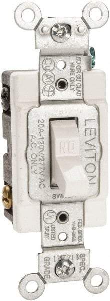 Leviton - 2 Pole, 120 to 277 VAC, 20 Amp, Commercial Grade, Toggle, Wall and Dimmer Light Switch - 1.31 Inch Wide x 4.06 Inch High - Americas Industrial Supply