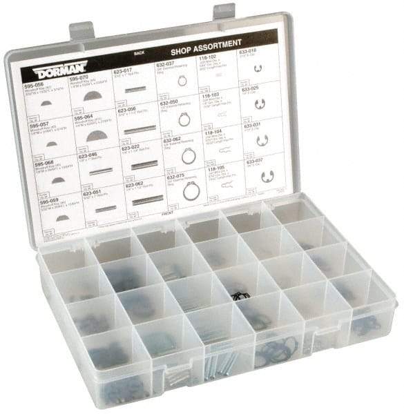 Dorman - 260 Piece E Style External Retaining Ring, Hair Pin Clip, Spring Pin & Woodruff Key Assortment - Spring Steel - Americas Industrial Supply