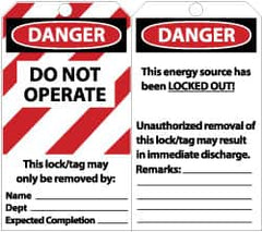 NMC - 3" High x 6" Long, DANGER - DO NOT OPERATE - THIS LOCK/TAG MAY ONLY BE REMOVED BY: NAME___ DEPT___ EXPECTED COMPLETION___, English Safety & Facility Lockout Tag - Tag Header: Danger, 2 Sides, Black, Red & White Unrippable Vinyl - Americas Industrial Supply