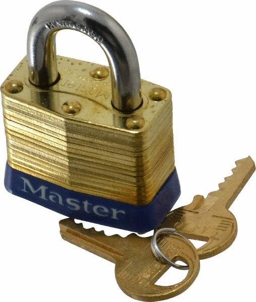 Master Lock - 3/4" Shackle Clearance, Keyed Different Laminated Brass Padlock - 9/32" Shackle Diam, Brass - Americas Industrial Supply