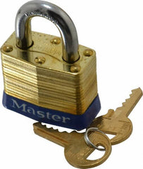 Master Lock - 3/4" Shackle Clearance, Keyed Different Laminated Brass Padlock - 9/32" Shackle Diam, Brass - Americas Industrial Supply