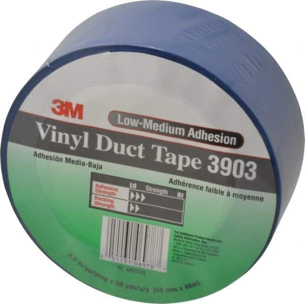 3M - 2" x 50 Yds Blue Duct Tape - 6.5 mil, Rubber Adhesive, Vinyl Backing, 12.6 Lb/ln Tensile Strength, 200°F Max, Series 3903 - Americas Industrial Supply