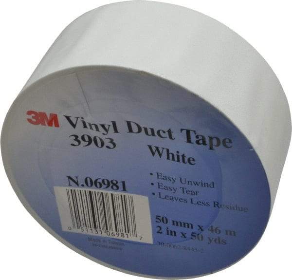 3M - 2" x 50 Yds White Duct Tape - 6.5 mil, Rubber Adhesive, Vinyl Backing, 12.6 Lb/ln Tensile Strength, 200°F Max, Series 3903 - Americas Industrial Supply