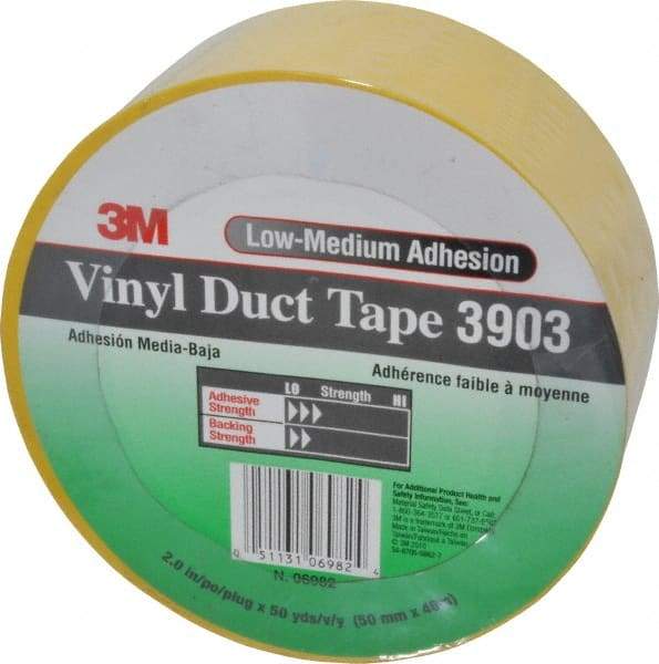 3M - 2" x 50 Yds Yellow Duct Tape - 6.5 mil, Rubber Adhesive, Vinyl Backing, 12.6 Lb/ln Tensile Strength, 200°F Max, Series 3903 - Americas Industrial Supply