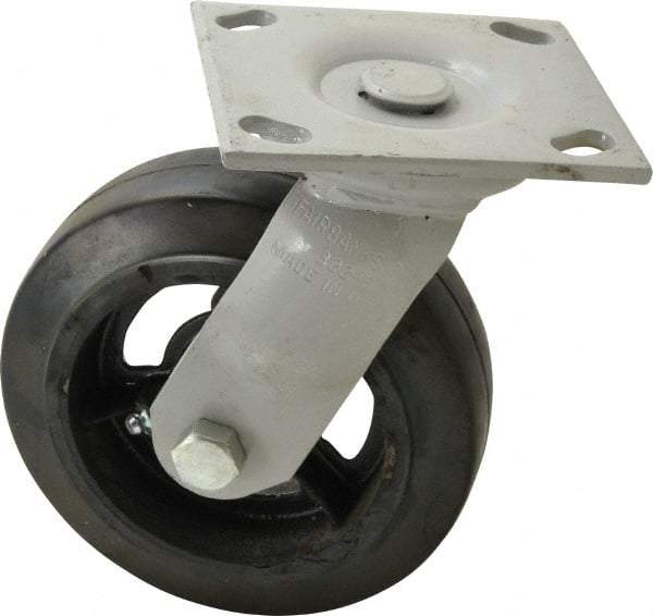 Fairbanks - 6" Diam x 2" Wide, Mold-On Rubber Swivel Caster - 675 Lb Capacity, Top Plate Mount, 4" x 4-1/2" Plate, Delrin Bearing - Americas Industrial Supply