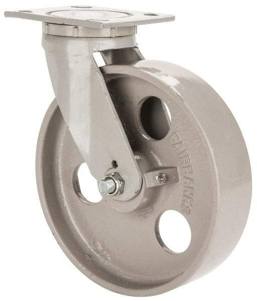 Fairbanks - 8" Diam x 2" Wide x 9-1/2" OAH Top Plate Mount Swivel Caster - Semi-Steel, 1,200 Lb Capacity, Roller Bearing, 4 x 4-1/2" Plate - Americas Industrial Supply