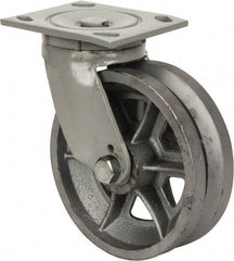 Fairbanks - 6" Diam x 2" Wide, V Groove Metal Swivel Caster - 1,200 Lb Capacity, Top Plate Mount, 4" x 4-1/2" Plate, Roller Bearing - Americas Industrial Supply