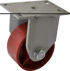 Fairbanks - 5" Diam x 2-1/2" Wide x 7-1/4" OAH Top Plate Mount Rigid Caster - Ductile Iron, 2,500 Lb Capacity, Roller Bearing, 5 x 6-1/2" Plate - Americas Industrial Supply