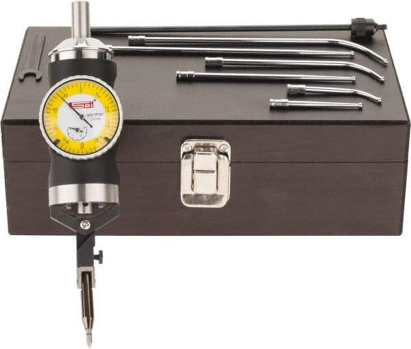 SPI - 9 Piece, 0mm to 63.5mm Measuring Range, 40mm Dial Diam, 0-25-0 Dial Reading, Yellow Dial Test Indicator Kit - 0.005mm Accuracy, 2, 4 & 6" Contact Point Length, 1/8" Ball Diam, 0.01mm Dial Graduation - Americas Industrial Supply
