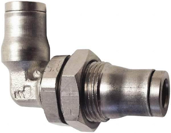Legris - 6mm Outside Diam, Nickel Plated Brass Push-to-Connect Tube Bulkhead Union Elbow - 435 Max psi, Tube to Tube Connection, FKM O-Ring - Americas Industrial Supply