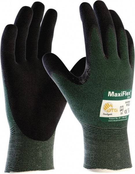 ATG - Size S (7), ANSI Cut Lvl A2, Puncture Lvl 1, Abrasion Lvl 4, Micro-Foam Nitrile Coated Nylon/Spandex Cut & Puncture Resistant Gloves - Palm Coated, Knit Wrist, Green/Black, Paired - Americas Industrial Supply