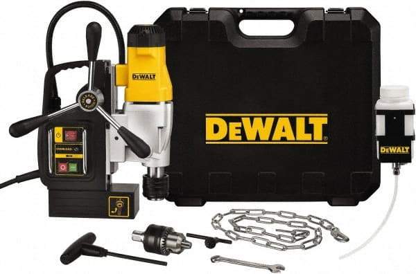 DeWALT - 1/2" Chuck, 4.375" Travel, Portable Magnetic Drill Press - 300 & 450 RPM, 10 Amps, 1100 Watts, 120 Volts, 8' Cord Length - Americas Industrial Supply