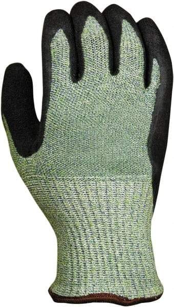 PRO-SAFE - Size S (7), ANSI Cut Lvl 5, Abrasion Lvl 4, Latex Coated HPPE Fiber/Stainless Steel Cut Resistant Gloves - 9.5" Long, Palm & Fingers Coated, Continuous Knit Cuff, Green/Black, Paired - Americas Industrial Supply