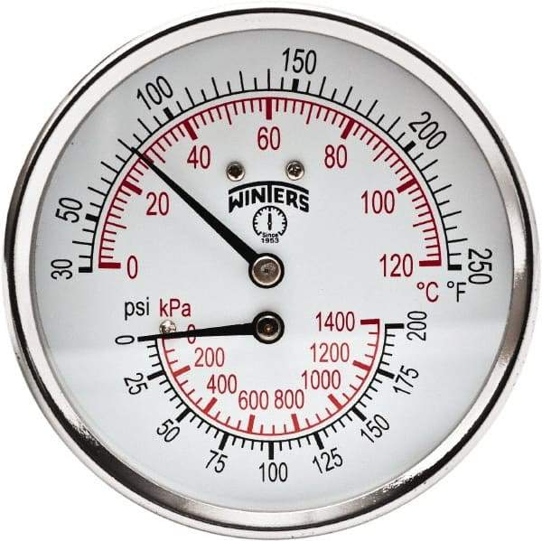 Winters - 3" Dial, 1/2 Thread, 0-200 Scale Range, Pressure Gauge - Center Back Connection Mount, Accurate to 0.03% of Scale - Americas Industrial Supply
