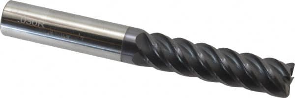 Accupro - 1/2", 5 Flute, Single End, Solid Carbide, 0.03" Corner Radius End Mill - 4" OAL, 45° Helix, Right Hand Flute, 2" LOC, Right Hand Cut - Americas Industrial Supply