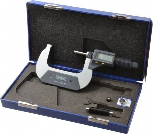 Fowler - 2 to 3 Inch Range, 0.0001 Inch Resolution, Standard Throat, IP54 Electronic Outside Micrometer - 0.0002 Inch Accuracy, Friction Thimble, 357 Battery, Data Output, Includes Case and Wrench - Americas Industrial Supply