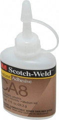 3M - 1 oz Bottle Clear Instant Adhesive - Series CA-8, 5 to 40 sec Fixture Time, 24 hr Full Cure Time, Bonds to Cardboard, Cork Board, Fabric, Fiberglass, Foam, Metal, Paper, Plastic, Rubber & Vinyl - Americas Industrial Supply