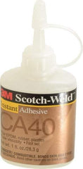 3M - 1 oz Bottle Yellow Instant Adhesive - Series CA40, 3 to 20 sec Fixture Time, 24 hr Full Cure Time, Bonds to Cardboard, Cork Board, Fabric, Fiberglass, Foam, Metal, Plastic, Rubber & Vinyl - Americas Industrial Supply