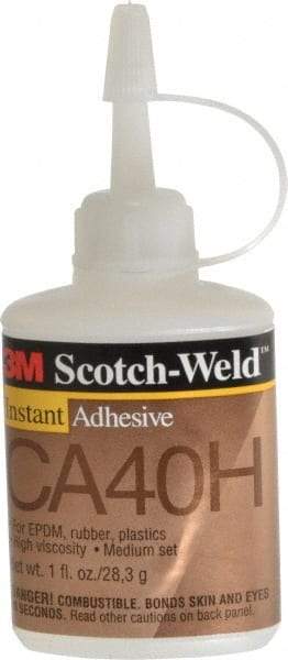 3M - 1 oz Bottle Yellow Instant Adhesive - Series CA40H, 5 to 40 sec Fixture Time, 24 hr Full Cure Time, Bonds to Cardboard, Cork Board, Fabric, Fiberglass, Foam, Metal, Paper, Plastic, Rubber & Vinyl - Americas Industrial Supply