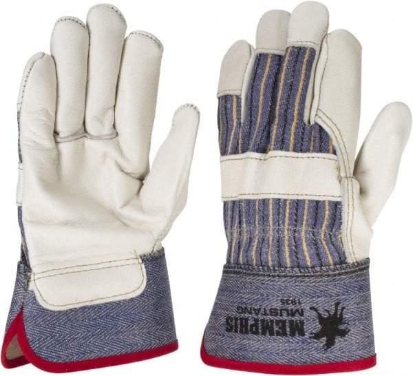 MCR Safety - Size S (7) Grain Cowhide General Protection Work Gloves - For Work & Driver, Uncoated, Safety Cuff, Full Fingered, White/Blue/Black/Yellow, Paired - Americas Industrial Supply