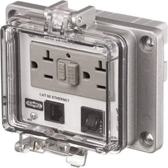 Hubbell Wiring Device-Kellems - 1 Port, 3 Power Receptacle, Ethernet, Clear Data Port Receptacle - 4.79 Inch Long x 1.61 Inch Deep x 5.08 Inch Wide, Aluminum, Surface Mount, Gray - Americas Industrial Supply