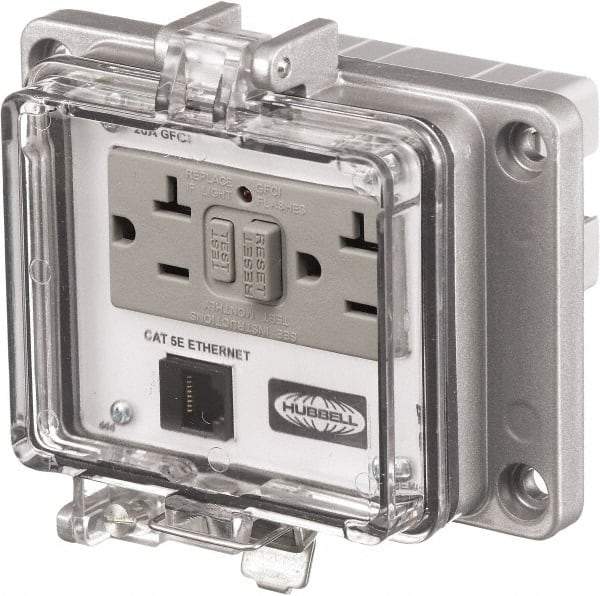 Hubbell Wiring Device-Kellems - 1 Port, 3 Power Receptacle, Ethernet, Clear Data Port Receptacle - 4.79 Inch Long x 1.61 Inch Deep x 5.08 Inch Wide, Aluminum, Surface Mount, Gray - Americas Industrial Supply