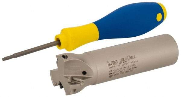 Iscar - 1-1/4" Cut Diam, 0.315" Max Depth of Cut, 1" Shank Diam, 4" OAL, Indexable Square Shoulder Helical End Mill - HM390 TPKT 1003 Inserts, Weldon Shank, 90° Lead Angle, Through Coolant, Series HeliIQMill - Americas Industrial Supply