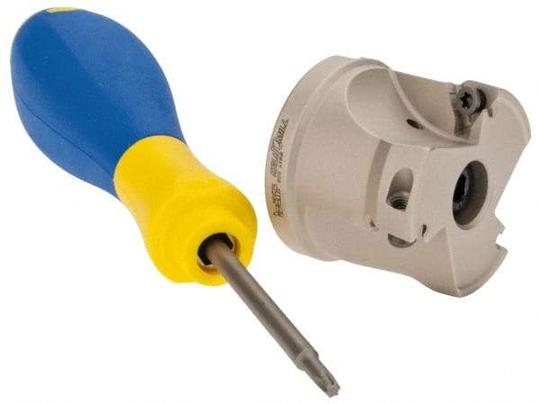 Iscar - 3 Inserts, 1-1/2" Cut Diam, 1/2" Arbor Diam, 0.315" Max Depth of Cut, Indexable Square-Shoulder Face Mill - 0/90° Lead Angle, 1.37" High, HM390 TPKT 1003 Insert Compatibility, Through Coolant, Series HeliIQMill - Americas Industrial Supply