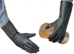 SHOWA - Size S (7), 14" Long, 14 mil Thick, Butyl Chemical Resistant Gloves - Smooth Finish, Rolled Cuff, ANSI Abrasion Level 0, ANSI Cut Level 0, ANSI Puncture Level 0, Black - Americas Industrial Supply