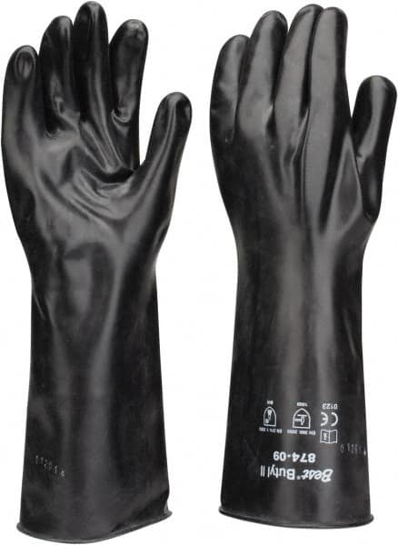 SHOWA - Size L (9), 14" Long, 14 mil Thick, Butyl Chemical Resistant Gloves - Smooth Finish, Rolled Cuff, ANSI Abrasion Level 0, ANSI Cut Level 0, ANSI Puncture Level 0, Black - Americas Industrial Supply