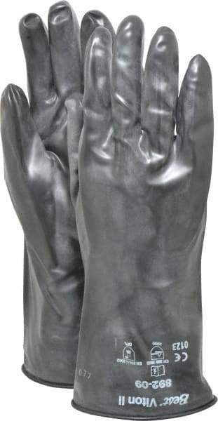 SHOWA - Size L (9), 12" Long, 12 mil Thick, Viton Chemical Resistant Gloves - Smooth Finish, Rolled Gauntlet Cuff, ANSI Abrasion Level 2, ANSI Cut Level 0, ANSI Puncture Level 0, Black - Americas Industrial Supply