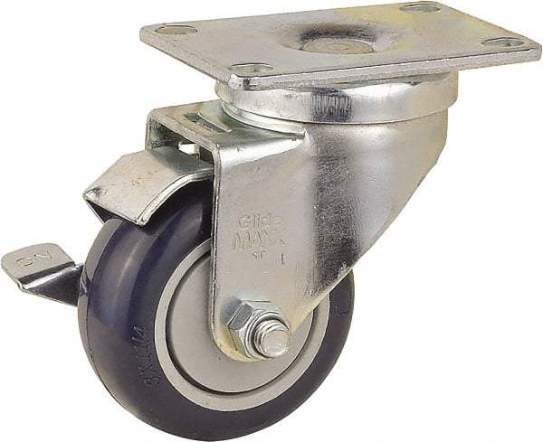 Value Collection - 3" Diam x 1-1/4" Wide x 4-3/8" OAH Top Plate Mount Swivel Caster with Brake - Polyurethane, 300 Lb Capacity, Ball Bearing, 2-7/8 x 3-5/8" Plate - Americas Industrial Supply
