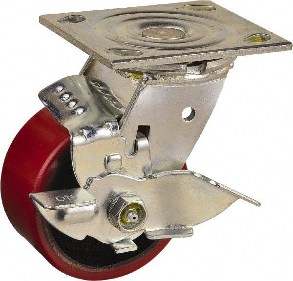 Value Collection - 4" Diam x 2" Wide x 5-5/8" OAH Top Plate Mount Swivel Caster with Brake - Polyurethane, 700 Lb Capacity, Roller Bearing, 4 x 4-1/2" Plate - Americas Industrial Supply