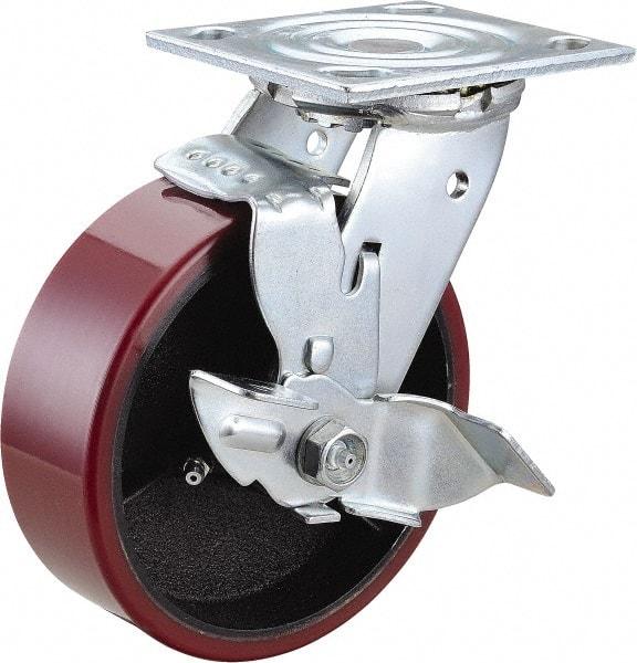 Value Collection - 6" Diam x 2" Wide x 7-1/2" OAH Top Plate Mount Swivel Caster with Brake - Polyurethane, 1,200 Lb Capacity, Roller Bearing, 4 x 4-1/2" Plate - Americas Industrial Supply