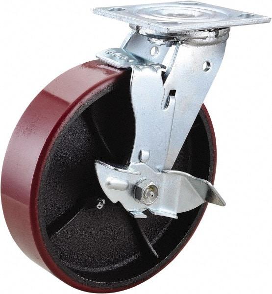 Value Collection - 8" Diam x 2" Wide x 9-1/2" OAH Top Plate Mount Swivel Caster with Brake - Polyurethane, 1,200 Lb Capacity, Roller Bearing, 4 x 4-1/2" Plate - Americas Industrial Supply