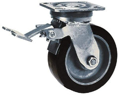 Albion - 6" Diam x 2" Wide x 7-1/2" OAH Top Plate Mount Swivel Caster with Brake - Polyurethane, 900 Lb Capacity, Roller Bearing, 4 x 4-1/2" Plate - Americas Industrial Supply