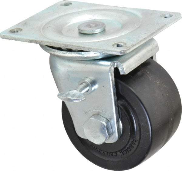 Albion - 3" Diam x 1-13/16" Wide x 3-31/32" OAH Top Plate Mount Swivel Caster with Brake - Phenolic, 700 Lb Capacity, Roller Bearing, 3-1/8 x 4-1/8" Plate - Americas Industrial Supply