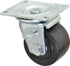 Albion - 3" Diam x 1-13/16" Wide x 3-31/32" OAH Top Plate Mount Swivel Caster with Brake - Phenolic, 700 Lb Capacity, Roller Bearing, 3-1/8 x 4-1/8" Plate - Americas Industrial Supply