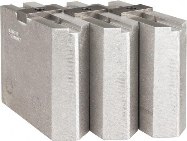 Abbott Workholding Products - Tongue & Groove Attachment, Square Soft Lathe Chuck Jaw - 3 Jaws, Aluminum, 2-1/8" Btw Mount Hole Ctrs, 4-1/2" Long x 1-1/2" Wide x 4" High, 1/2" Groove, 1/2" Fastener - Americas Industrial Supply