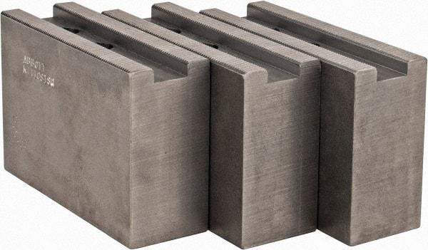 Abbott Workholding Products - 1.5mm x 60° Serrated Attachment, Square Soft Lathe Chuck Jaw - 3 Jaws, Steel, 1.1811" Btw Mount Hole Ctrs, 4-1/2" Long x 1-1/2" Wide x 3" High, 0.6299" Groove, 0.4724" & 12mm Fastener - Americas Industrial Supply