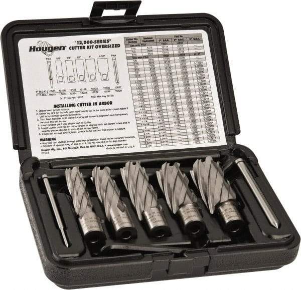 Hougen - 8 Piece, 5/8 to 1-1/8" Cutter Diam, 2" Cutting Depth, High Speed Steel Annular Cutter Set - Bright Finish, 3/4" Shank Diam, 5/8, 3/4, 7/8, 1, 1-1/8" Cutter Diams, 2 Flats on Shank - Americas Industrial Supply