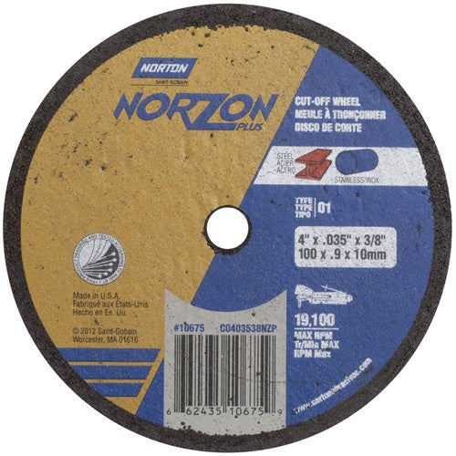 4″ × 0.035″ × 3/8″ NorZon Plus Small Diameter Cut-Off Wheel Type 01 Straight Aluminum Oxide - Americas Industrial Supply