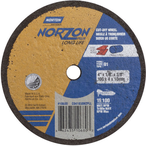 4″ × 1/8″ × 3/8″ NorZon Plus Small Diameter Cut-Off Wheel Type 01 Straight Aluminum Oxide - Americas Industrial Supply