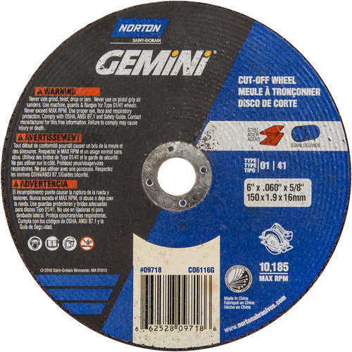 150 mm × 1.6 mm × 5/8″ Gemini Circular Saw Cut-Off Wheel U57A 36 Q Type 01/41 - Americas Industrial Supply