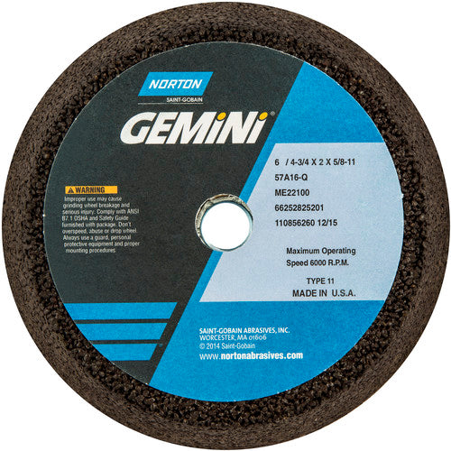 6″ / 4 3/4″ × 2″ × 5/8″-11 Gemini Snagging Wheel Type 11 Flaring Cup 16 Grit Aluminum Oxide - Americas Industrial Supply