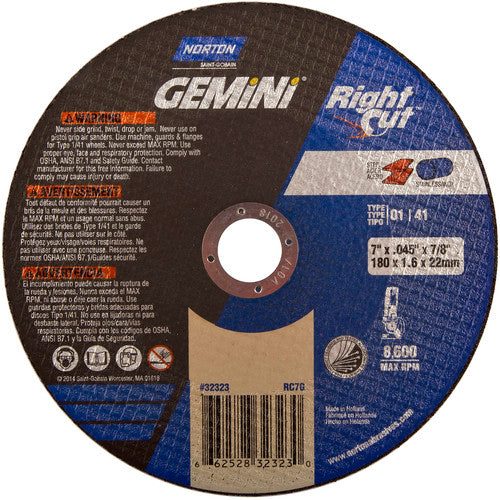 7″ × 0.060″ × 7/8″ Gemini Right Angle Cut-Off Wheel Type 01 Straight Aluminum Oxide - Americas Industrial Supply