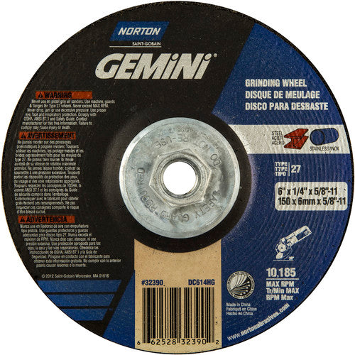 ‎6 × 1/4 × 5/8 - 11″ Gemini Grinding Wheel A 24 S Type 27 - Americas Industrial Supply
