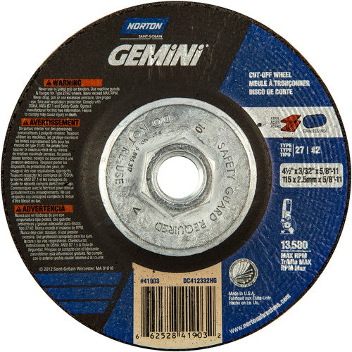 ‎4-1/2 × 3/32 × 5/8 - 11″ Gemini Cutting Wheel A 30 Q BDA Type 27/42 - Americas Industrial Supply